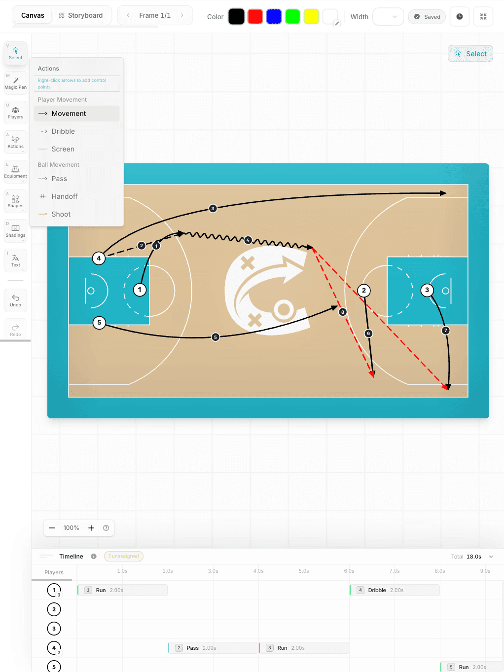 Interactive Tactical Canvas showing basketball play with players and arrows